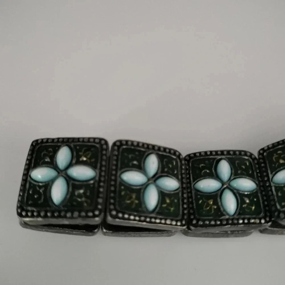Antique Silver Tone Link Light Blue Flower Cabochon Stretch bangle Bracelet - Picture 5 of 7